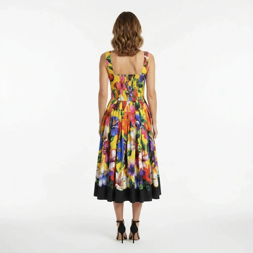 Yellow Floral Cotton Midi Dress with Padded Cups