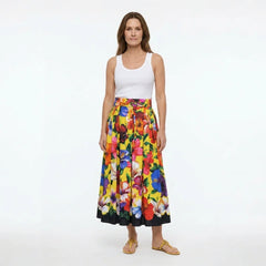 Multicolour Floral Yellow Cotton Midi Skirt