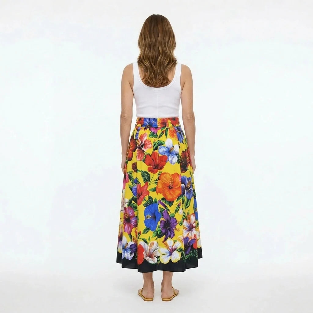 Multicolour Floral Yellow Cotton Midi Skirt