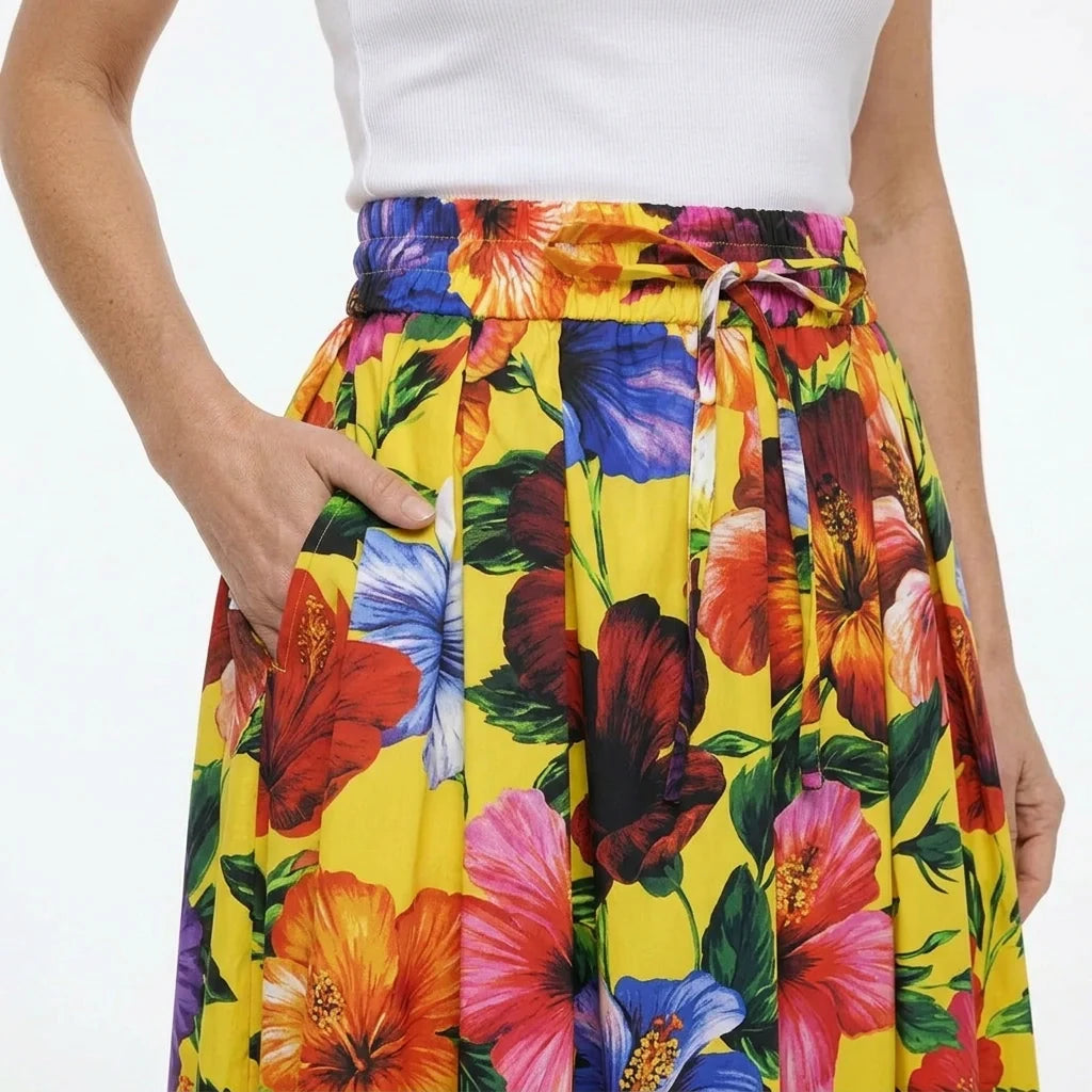 Multicolour Floral Yellow Cotton Midi Skirt