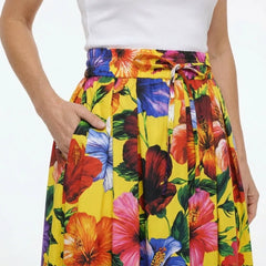Multicolour Floral Yellow Cotton Midi Skirt