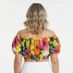 Multicolour Floral Yellow Cotton Off Shoulder Top