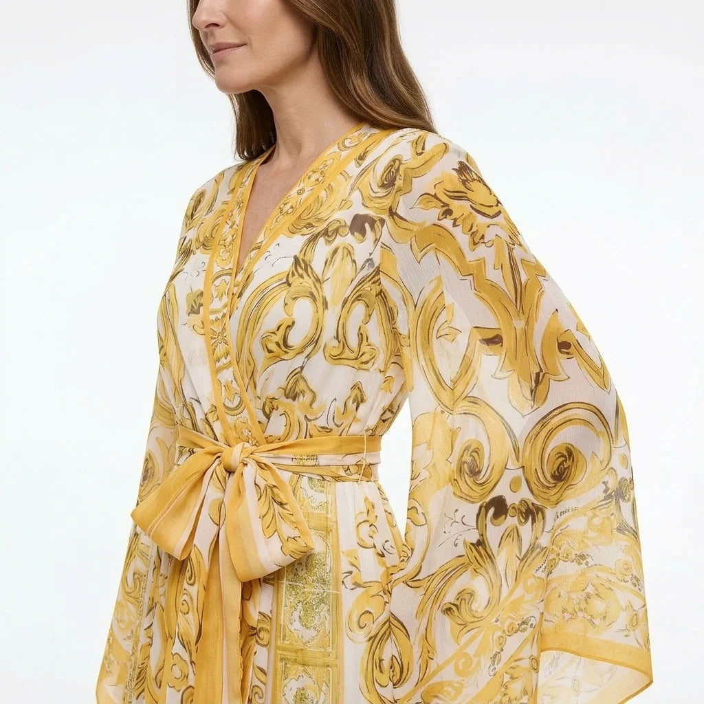Yellow Majolica maxi chiffon dress with flared sleeves