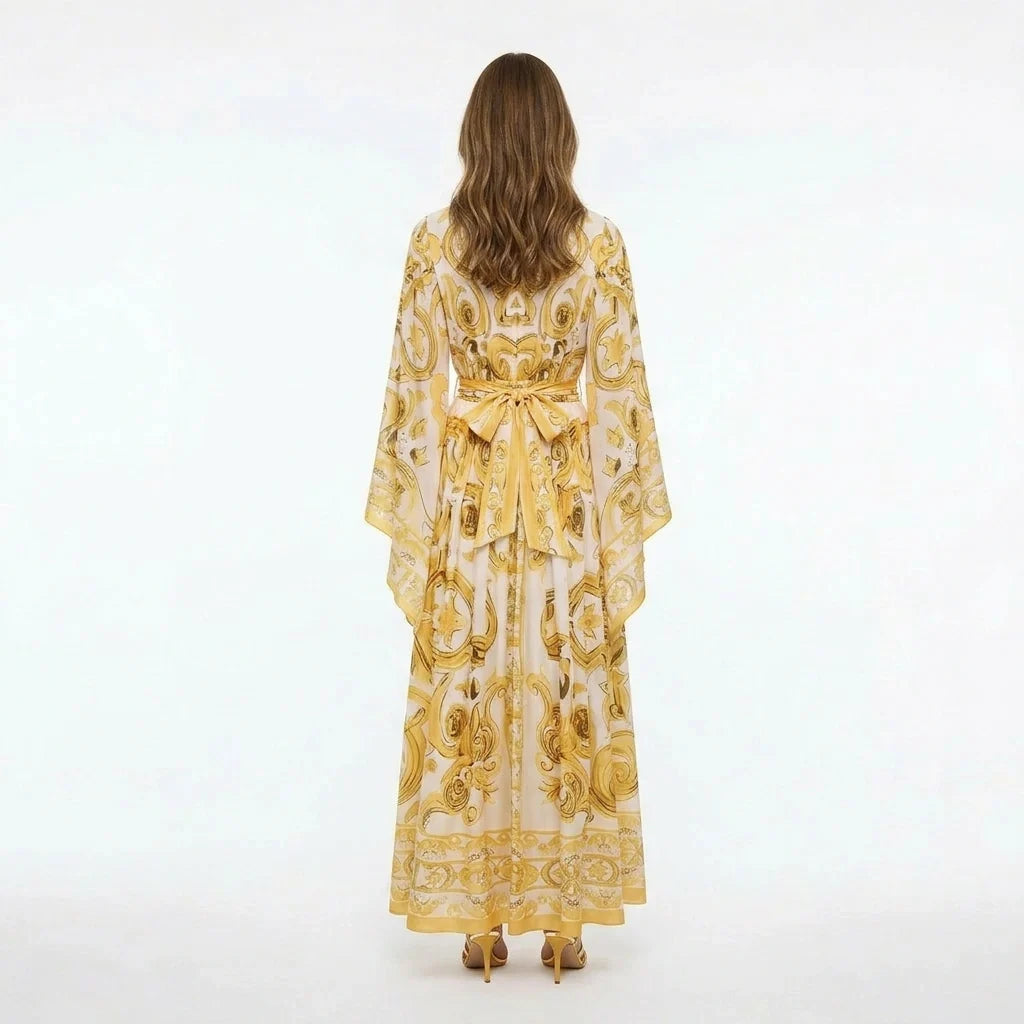 Yellow Majolica maxi chiffon dress with flared sleeves