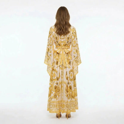 Yellow Majolica maxi chiffon dress with flared sleeves