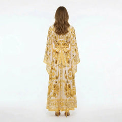 Yellow Majolica maxi chiffon dress with flared sleeves