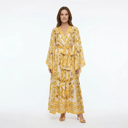 Yellow Majolica maxi chiffon dress with flared sleeves