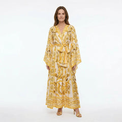 Yellow Majolica maxi chiffon dress with flared sleeves