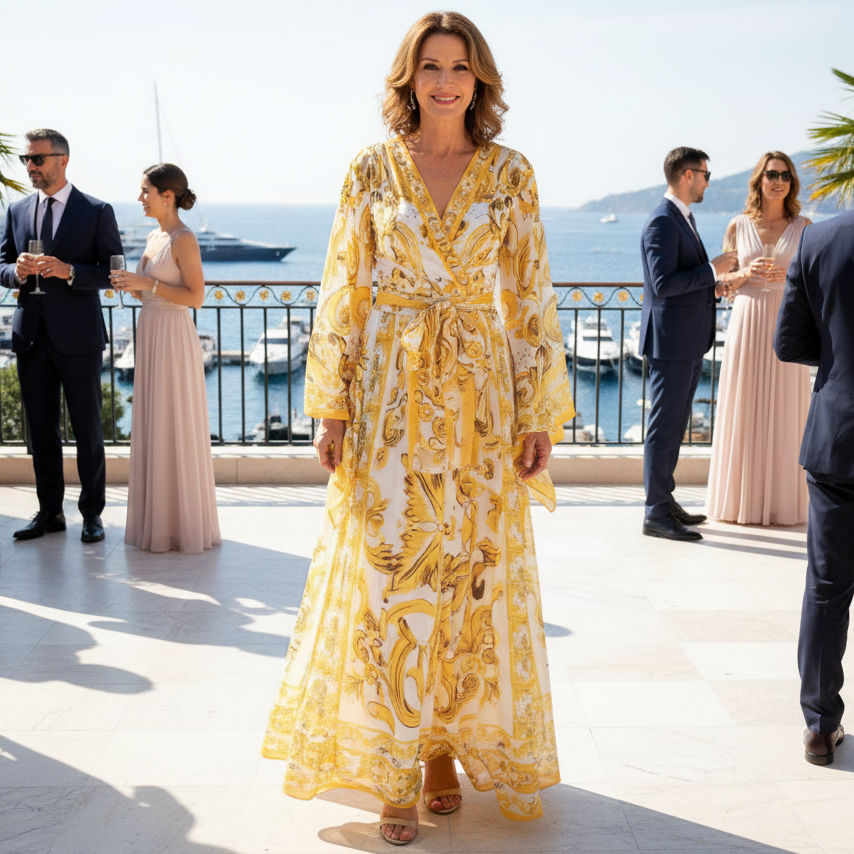 Yellow Majolica maxi chiffon dress with flared sleeves