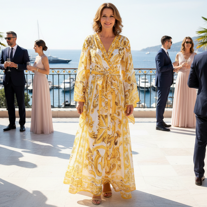 Yellow Majolica maxi chiffon dress with flared sleeves