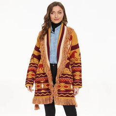 BOHO GYPSY Stylish Wild Roads Jacquard Cardigan With Fringed Edges