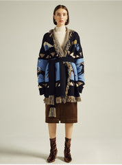 Blue Icon Jacquard Women Cardigan With Fringes Oversize