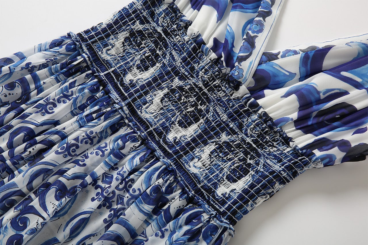 Fashion Women "Majolica-print" Long Maxi Dress With V Neck& Elastic waist