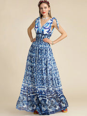 Fashion Women "Majolica-print" Long Maxi Dress With V Neck& Elastic waist