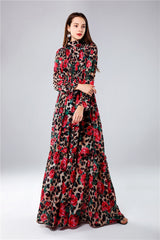 Italy stylish Women's Long Sleeve "Rose Leopard " Print Maxi Dress
