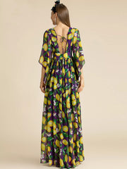 Women fashion Lemon Print Chiffon Backless Maxi Dress with Butterfly Sleeve for Summer vacation party from Designer Inspired Runway Fashion