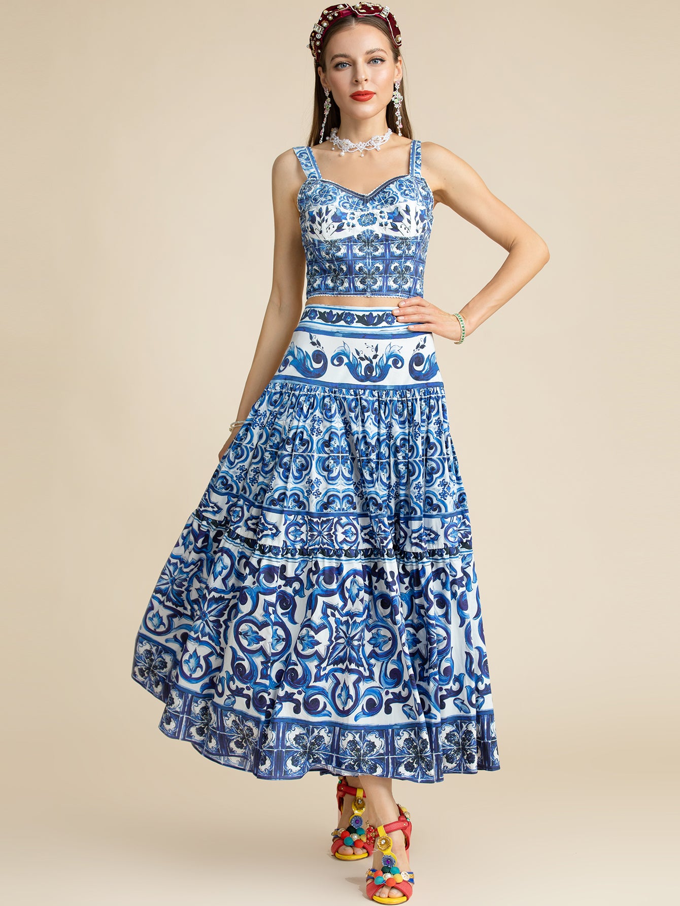 "Majolica-print" Women  Cotton Top and Skirt Suitset 