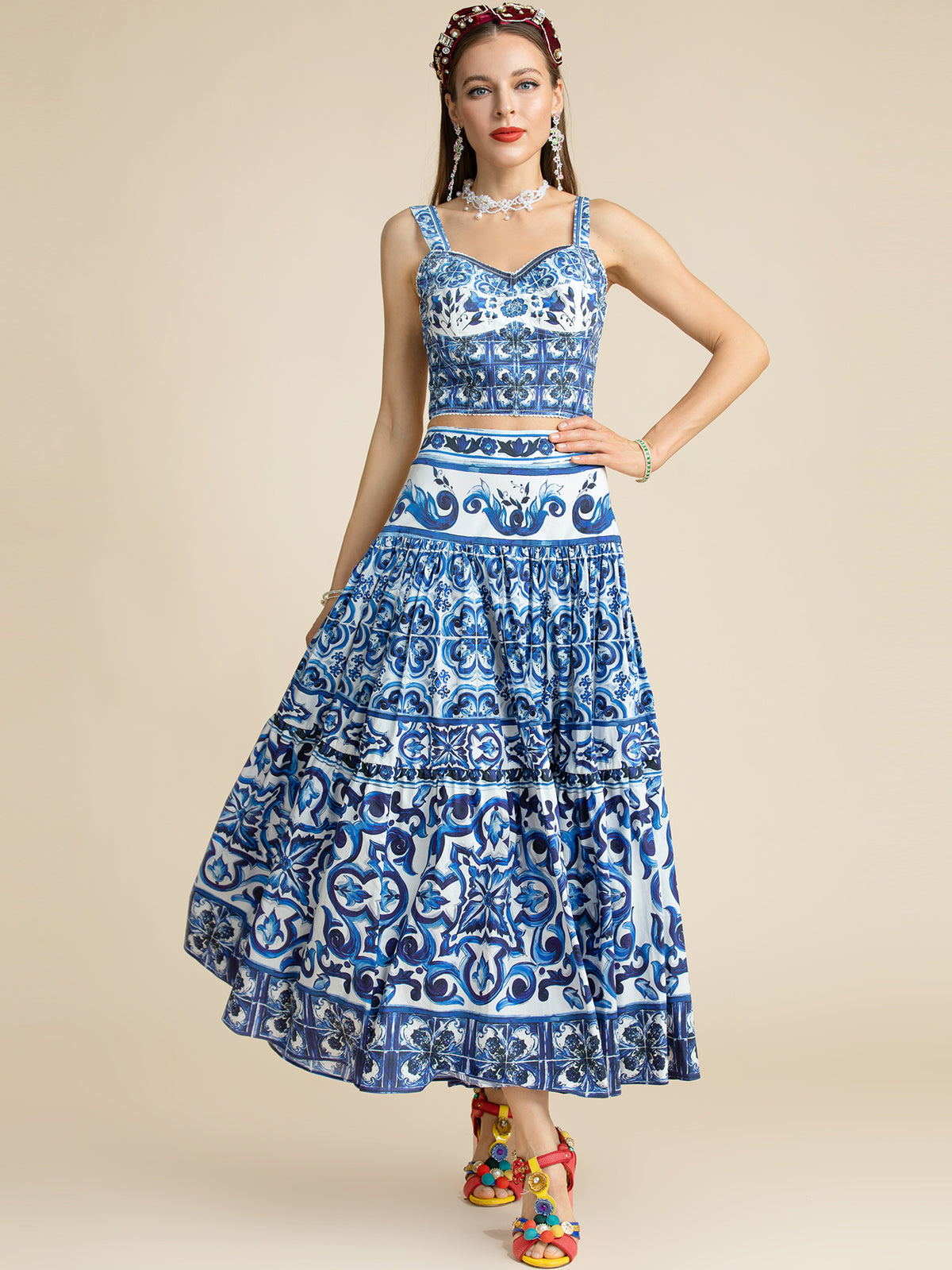 "Majolica-print" Women  Cotton Top and Skirt Suitset 