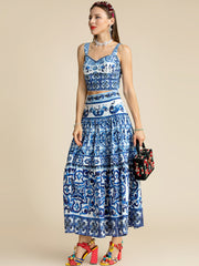 "Majolica-print" Women  Cotton Top and Skirt Suitset 