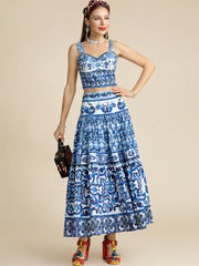 "Majolica-print" Women  Cotton Top and Skirt Suitset 