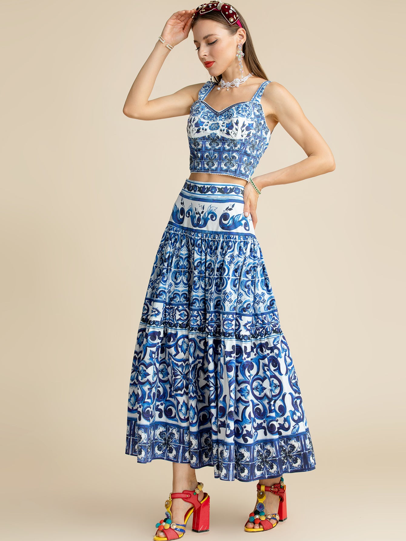 "Majolica-print" Women  Cotton Top and Skirt Suitset 