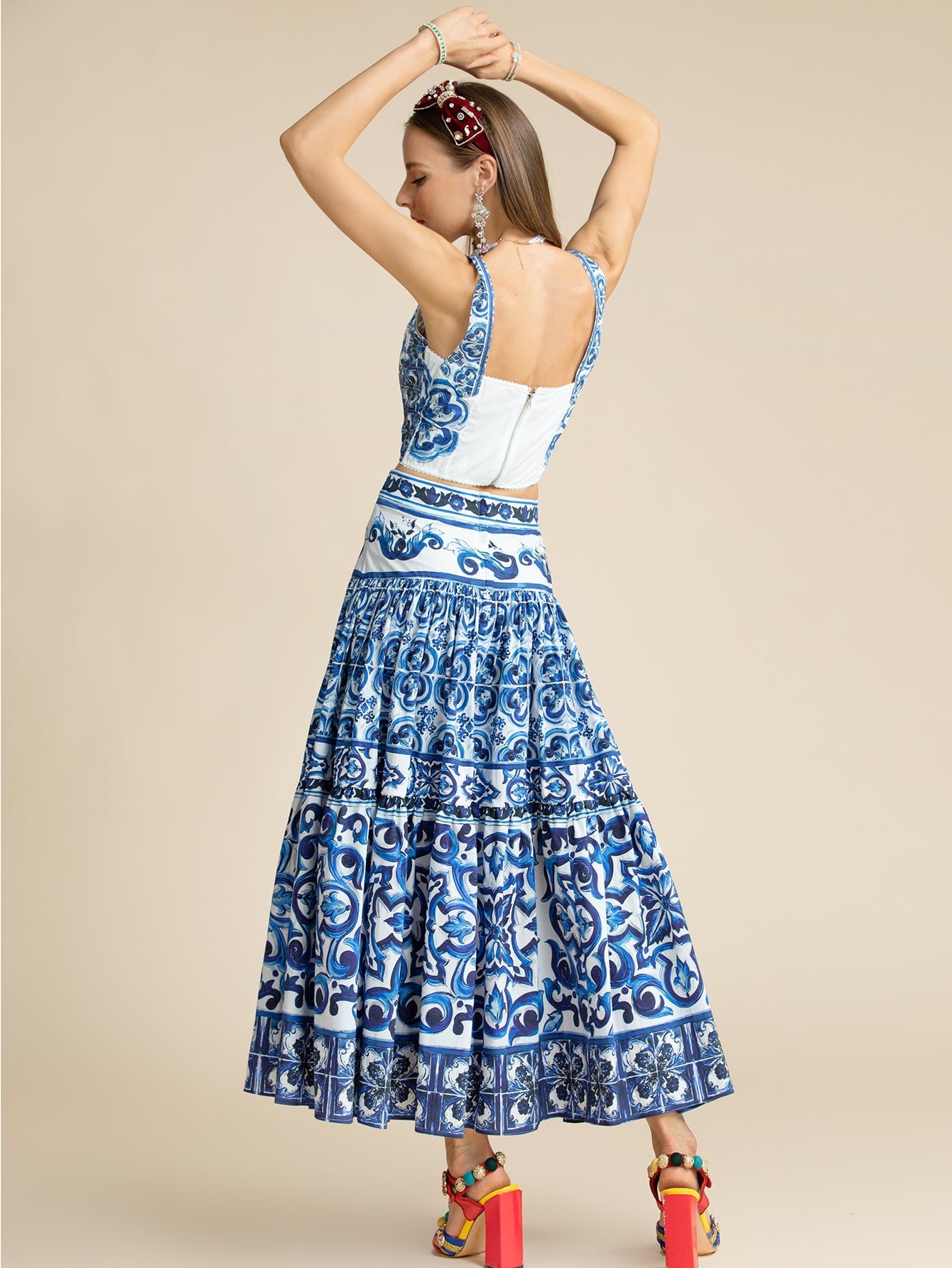 "Majolica-print" Women  Cotton Top and Skirt Suitset 