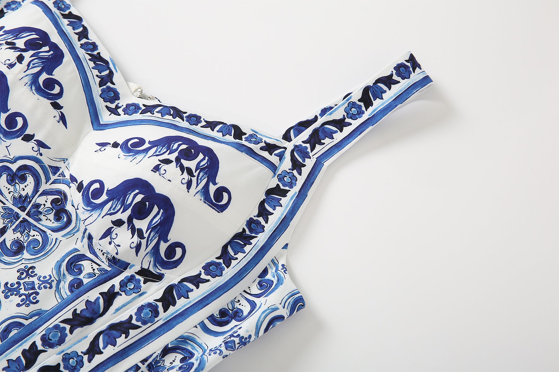 Summer Women Majolica-print Spaghetti Strap  CottonMidi Dress
