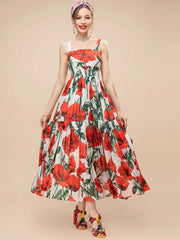 Women Summer fashion runway Elegant Spaghetti Strap Long Poppy-Print Chiffon Dress for vacation party