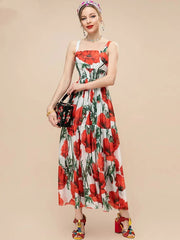Women Summer fashion runway Elegant Spaghetti Strap Long Poppy-Print Chiffon Dress for vacation party