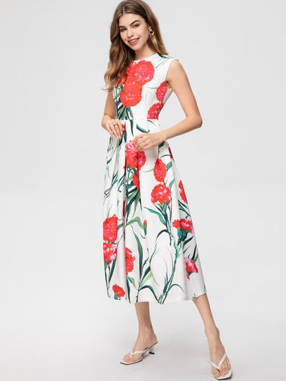 Stylish Women Carnation Printed Midi Dress for Summer