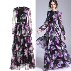 Women Designer Floral Print Luxury Ruffles Layered Purple Maxi Long Sleeve Dress Party Dinner Fashion Dresses 2023