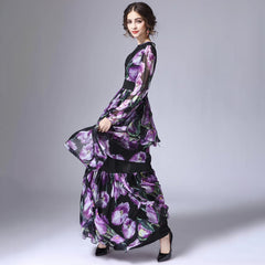 Women Designer Floral Print Luxury Ruffles Layered Purple Maxi Long Sleeve Dress Party Dinner Fashion Dresses 2023