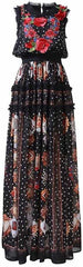 Women Floral Appliques Printed Mesh-Ruffled-Trim Maxi Dress